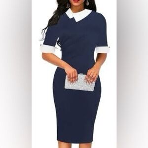 Vintage Navy Sheath Dress with White Collar and Cuff